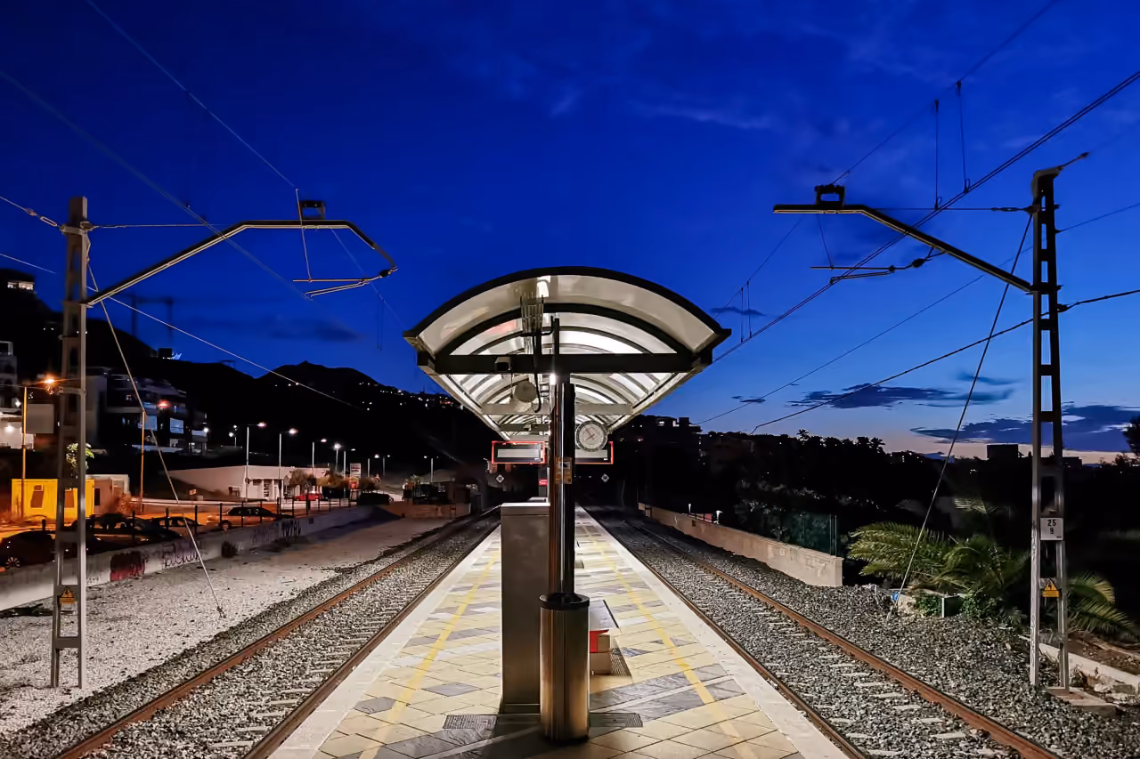 HORIZON36 area photograph of Carvajal Cercanías rail halt, Fuengirola, at daybreak