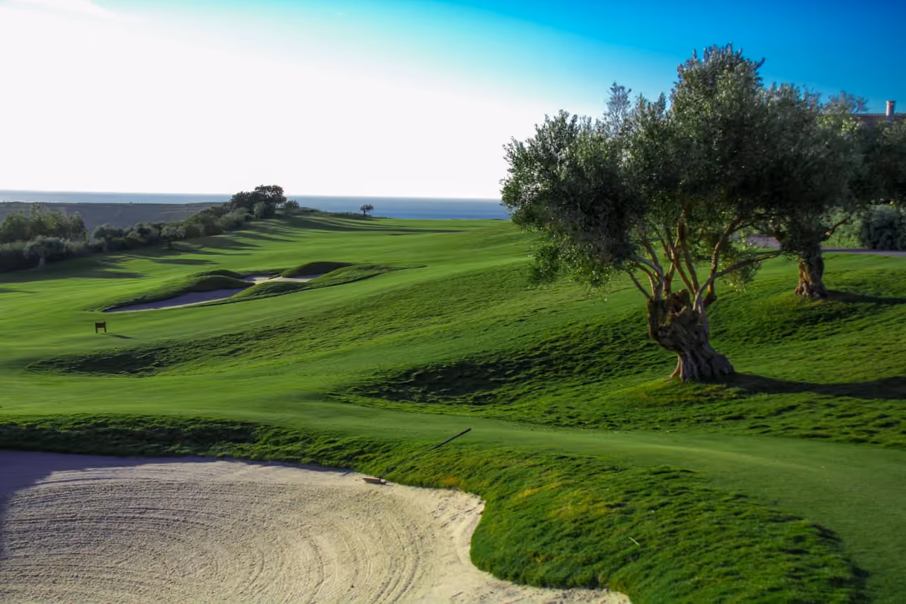 Umgebungsfoto bei BLISS HOMES mit dem Fairway des Golfplatzes Finca Cortesín, Sandbunkern, alten Olivenbäumen und Blick auf das Mittelmeer in Casares, Costa del Sol.