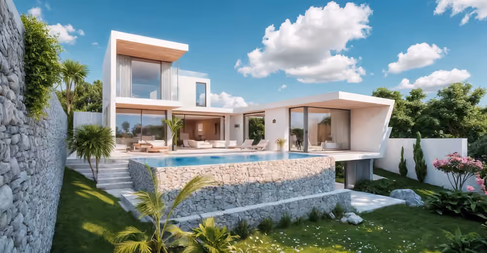 Wizualizacja projektu ELARA RESIDENCES z architekturą zewnętrzną, tarasami i zagospodarowaną przestrzenią zewnętrzną.